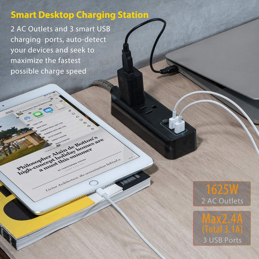 2 Pack Power Strip with USB, 2 Outlets and 3 USB Ports(3.1A, 15W) Travel Power Strip, Desktop Charging Station with 5 Ft Braided Extension Cord, Flat Plug for Cruise, Home and Office, ETL Listed