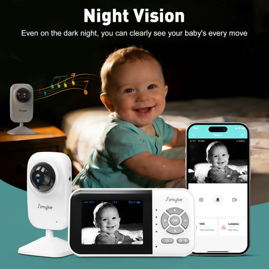 Wifi Video Baby Monitor, 2.8" LCD & App Viewing, 2-Way Audio, Night Vision, VOX, 5 Lullabies, Supports 4 Cameras, 1200Ft Range, Home Use