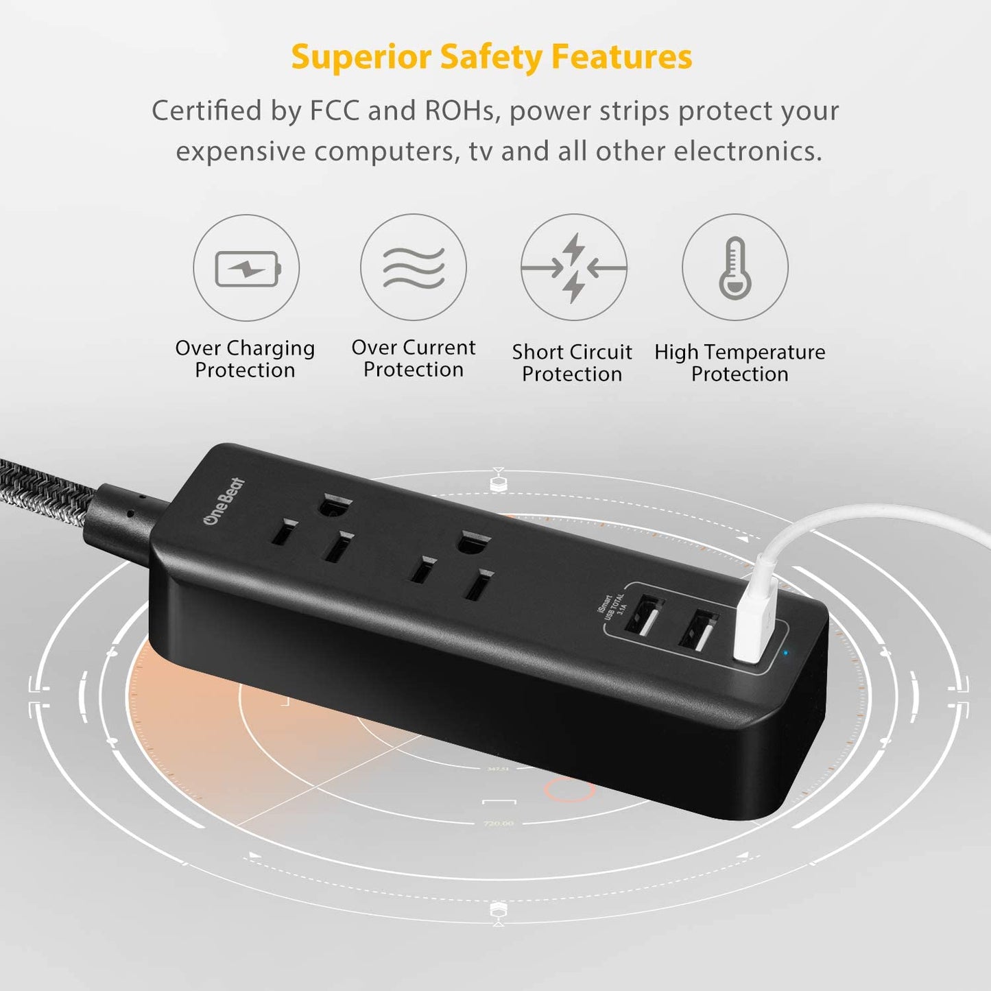 2 Pack Power Strip with USB, 2 Outlets and 3 USB Ports(3.1A, 15W) Travel Power Strip, Desktop Charging Station with 5 Ft Braided Extension Cord, Flat Plug for Cruise, Home and Office, ETL Listed