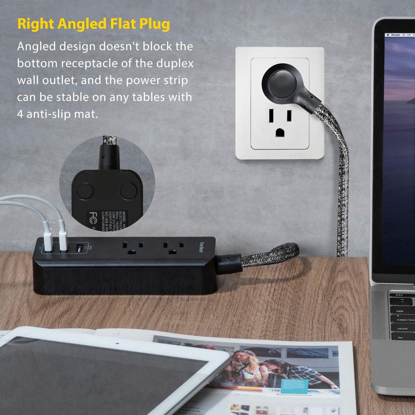 2 Pack Power Strip with USB, 2 Outlets and 3 USB Ports(3.1A, 15W) Travel Power Strip, Desktop Charging Station with 5 Ft Braided Extension Cord, Flat Plug for Cruise, Home and Office, ETL Listed